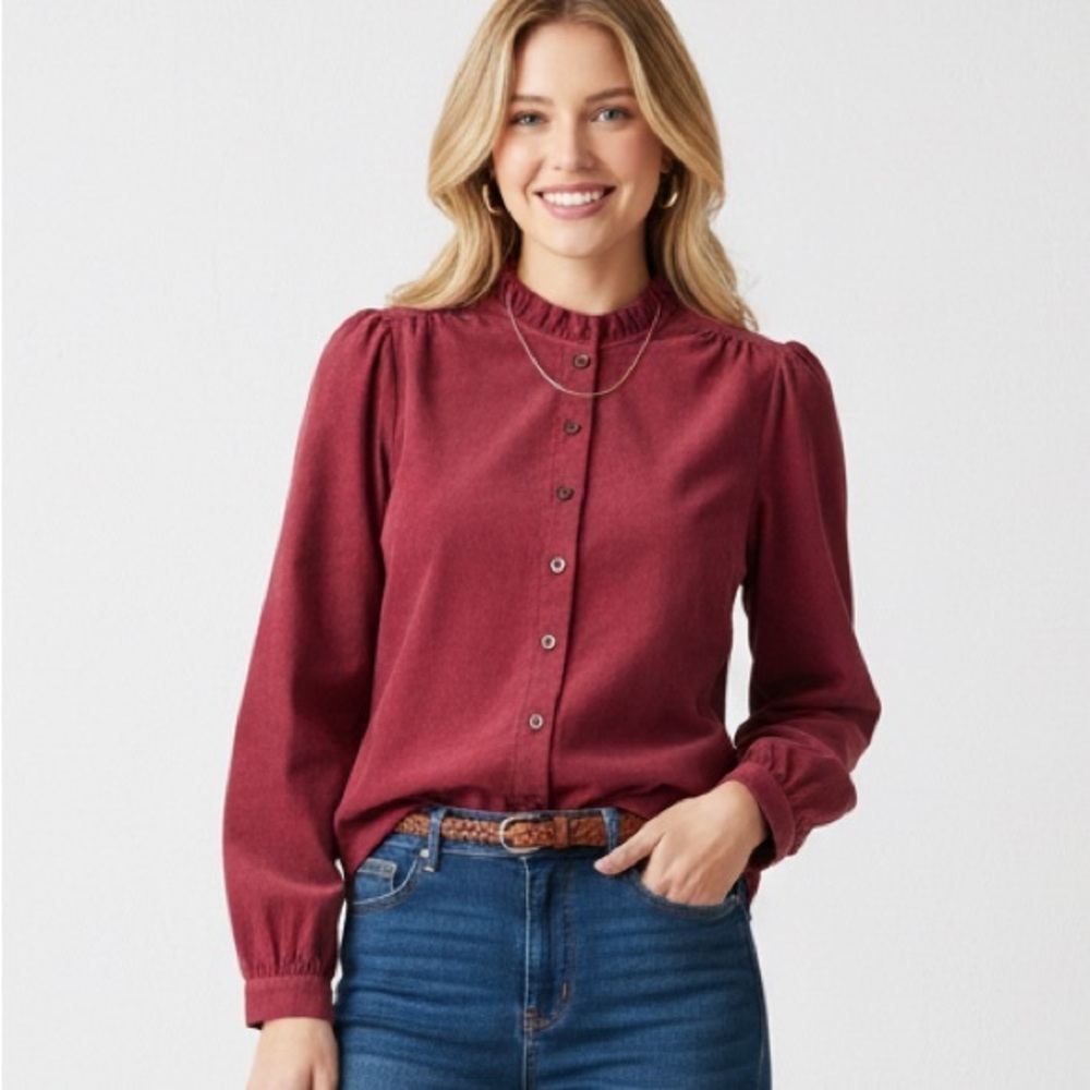 RW&CO Ruffle Neck Corduroy Blouse Long Sleeve Lightweight Button Down Size Small